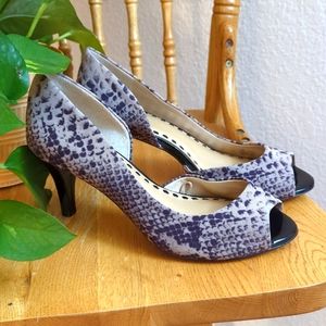 Alex Marie Animal Print Black Fabric Open Toe Pump Heels